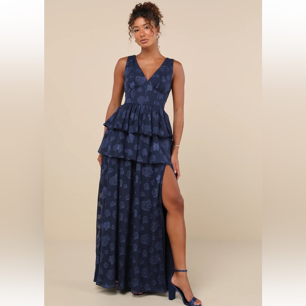 Lulus Navy Blue Cherished Elegance Burnout Jacquard Tiered Maxi Dress NWOT M